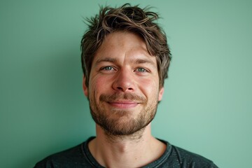 Portrait of a man with a beard on a green background.