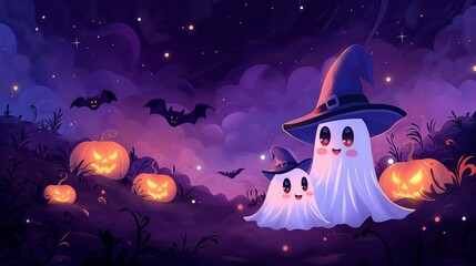 Two ghosts in hats standing next to pumpkins, and bats flying in the sky against the backdrop of a cloudy Halloween night sky