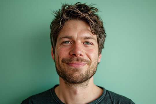 Portrait of a man with a beard on a green background.