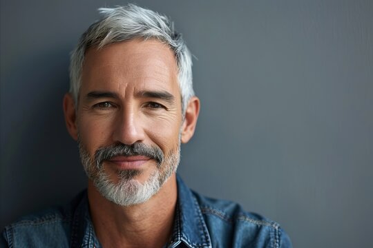 Portrait of handsome mature man with grey hair against grey background.