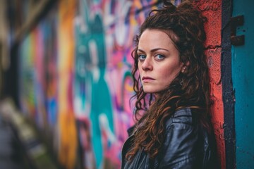 Naklejka premium Portrait of a beautiful young woman with curly red hair in a leather jacket on the background of graffiti wall