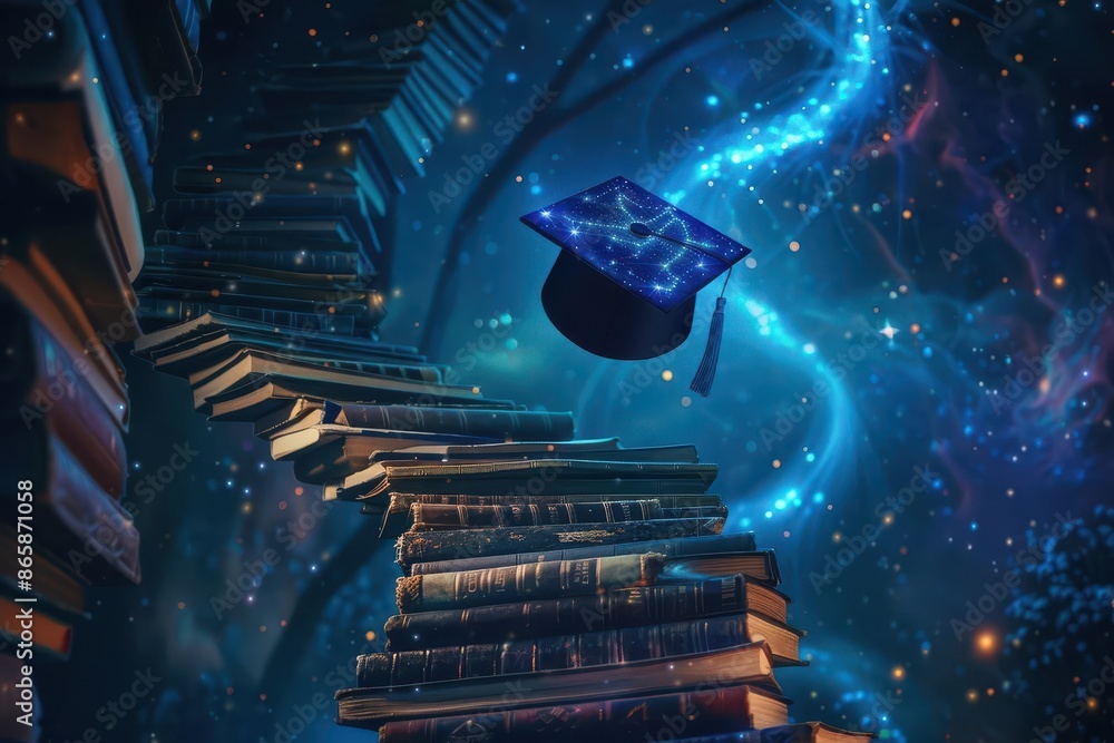 Poster ethereal floating mortarboard adorned with holographic constellations hovering above a spiral stairc