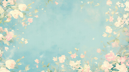 A watercolor floral background with pink and white flowers on a light blue background with copy space text for floral, design, and background.