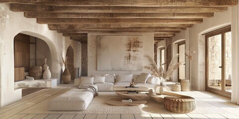 an elegant living room with wooden decor and ceiling fully furnished