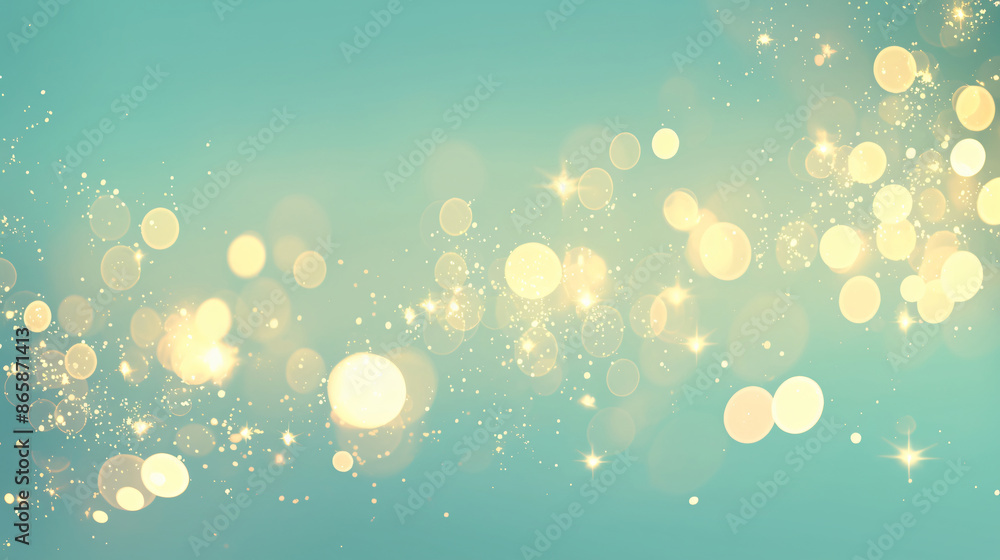 Poster abstract green background with gold bokeh lights with copy space text for background, design, and ab