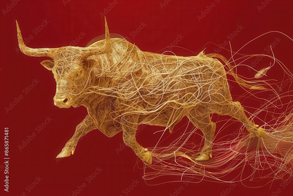 Poster expressive 3d render of textured golden bull artwork deconstructed into lines on deep red modern art