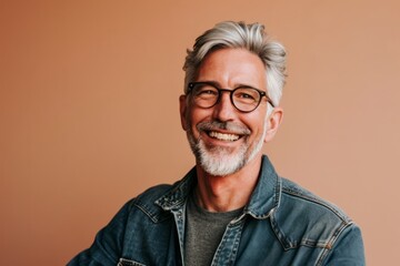 Obraz premium Portrait of a handsome senior man with grey hair wearing jeans jacket and glasses.