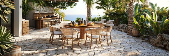 an outdoor dining set with wood dining chairs and a round stone table with a generous complete breakfast