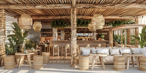 beach club restaurant focusing in a seating area under a pergola with canes for shading