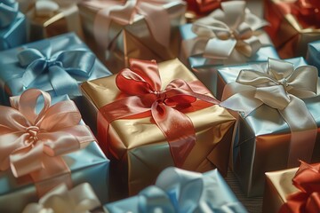 festive array of gift boxes in varied metallic hues satin ribbons and bows catching light arranged in visually pleasing composition suggesting abundance and celebration