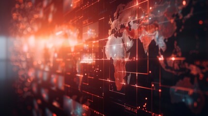 Obraz premium Futuristic digital world map with glowing connections, representing global communication and technology advancements.