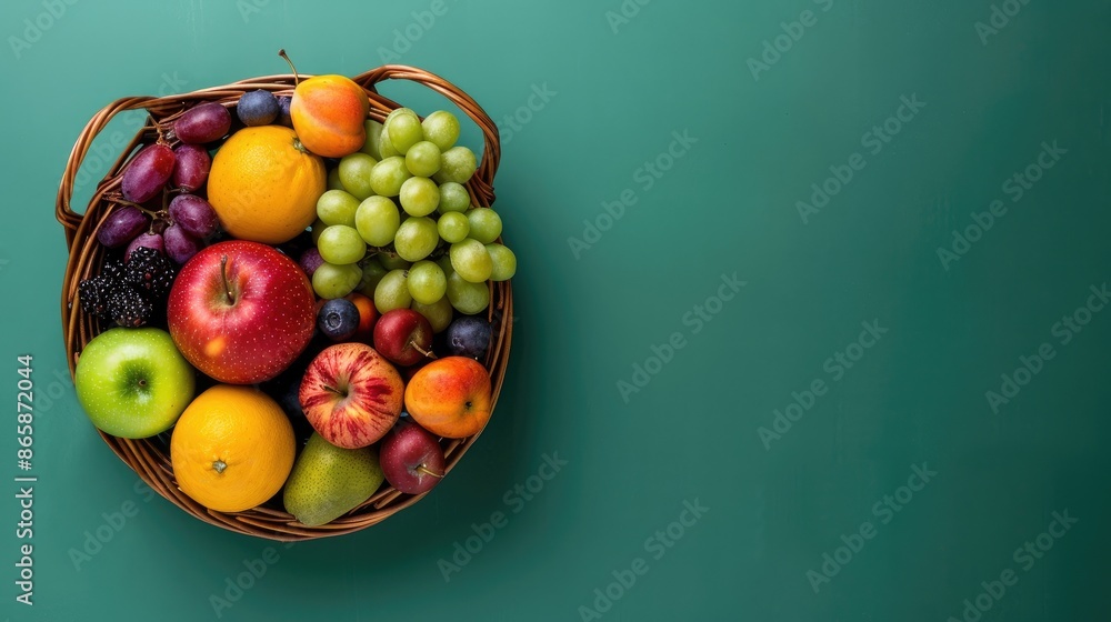 Poster fruits arrangement in a basket from above on green background with space for text