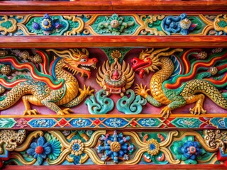Fototapeta premium Intricately carved traditional Chinese door beam adorned with auspicious dragons, phoenixes, and florals in vibrant colors, showcasing expert craftsmanship and cultural heritage.