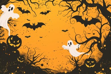 festive halloween background with bats ghosts and spooky decorations on orange vector illustration