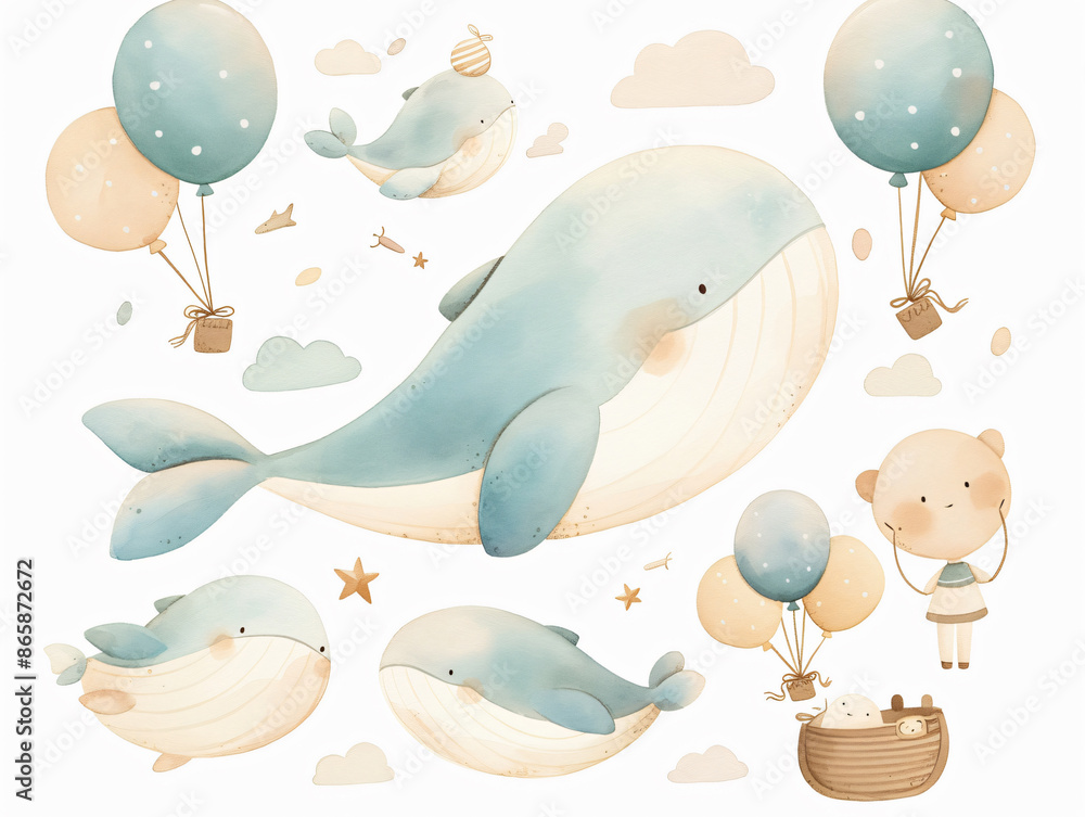 Wall mural Watercolor illustration of whales with balloons and a bear on white background with copy space text for kids, animal, and nature design.