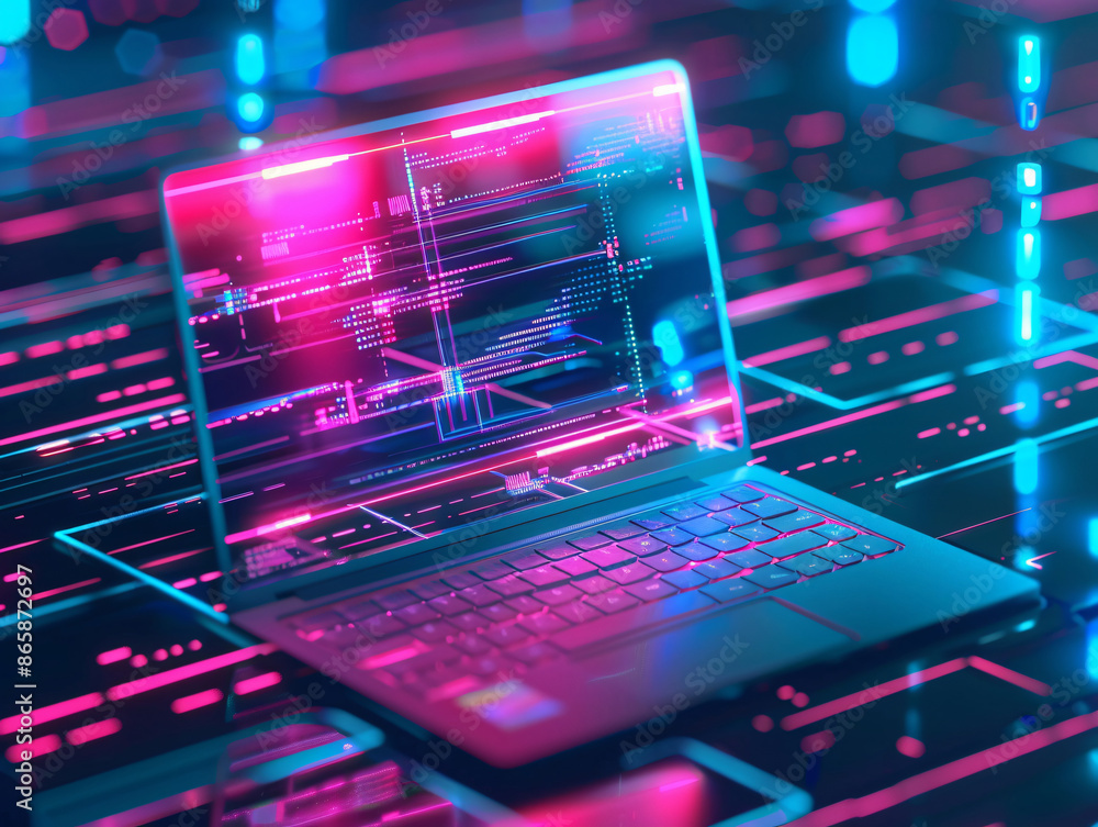 Fototapete futuristic laptop with neon light and code on the screen on a black and pink background with copy sp