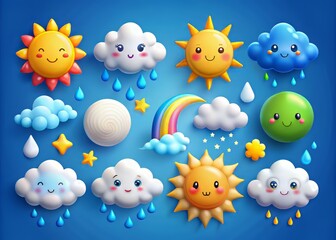 Fototapeta premium Vibrant 3D cartoon weather icons depicting sun, moon, rainbow, lightning, fluffy clouds, rain, snowflakes, wind, and thunderstorm, showcasing playful and adorable weather elements.