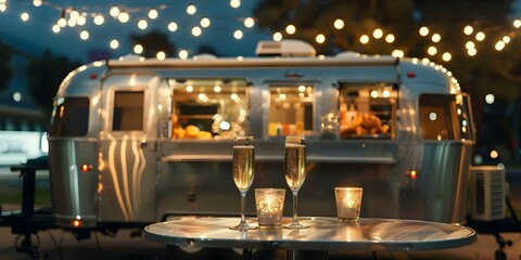 Obraz premium Chic silver food truck serving champagne appetizers under city lights at wedding. Concept Wedding Catering, Food Truck, Silver Decor, Champagne Appetizers, City Lights