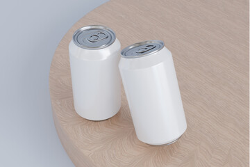 Soda can on cylinder wooden stand podium white background isolated 3d rendering for mockup presentation minimalist display and product showcase
