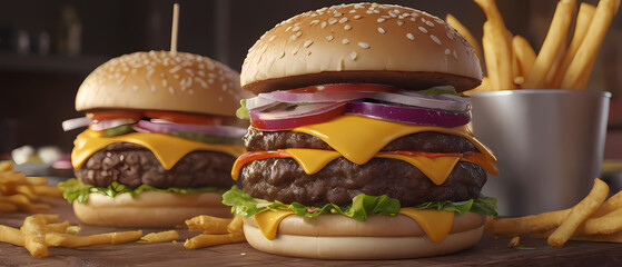 Two mouth-watering cheeseburgers with fresh lettuce, tomatoes, onions, and cheese, served on a sesame seed bun alongside crispy golden French fries on a rustic wooden surface.