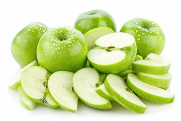 fresh green apples sliced on white background healthy snack or ingredient cut out photo