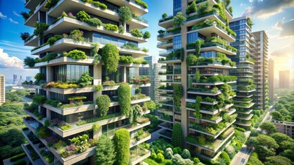 Sleek, futuristic high-rise building enveloped in lush greenery, blending seamlessly into urban landscape, exemplifying cutting-edge sustainable design and eco-friendly city living.
