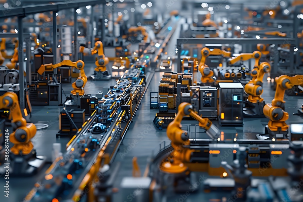 Poster modern car factory with automated robotic arms working on a production line. concept of industry 4.0