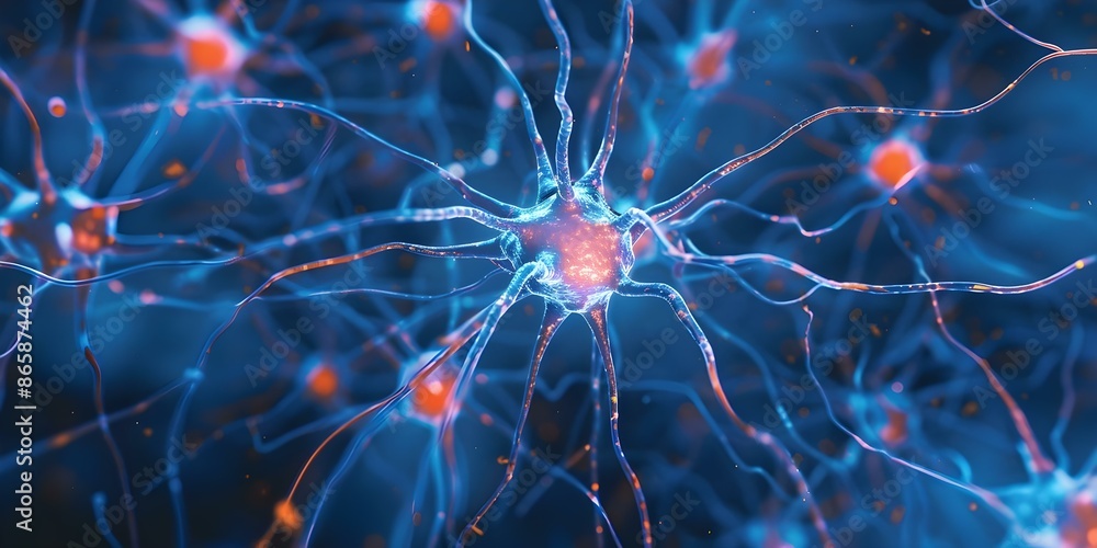 Poster neurons transmitting brain activity with neurotransmitters a close-up view. concept neurotransmitter