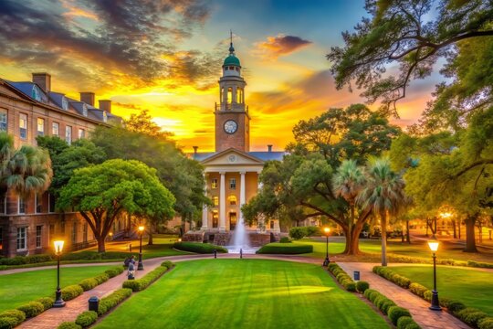 Majestic golden light illuminates the historic campus of a prestigious South Carolina university, showcasing its iconic clock tower and sprawling lush green quad.