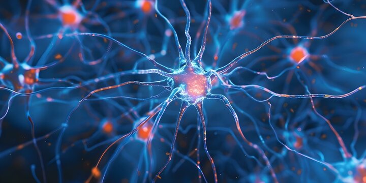 Neurons Transmitting Brain Activity with Neurotransmitters A Close-Up View. Concept Neurotransmitters, Brain Activity, Neurons, Close-Up View