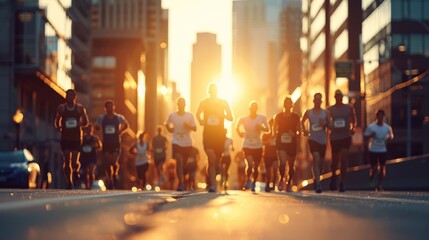 Group of runners participating in a city marathon during sunset, with the urban skyline as a backdrop. Energetic and inspiring scene.