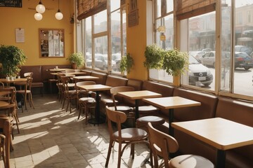 Light streams through a window in a stylishly furnished cafe with wooden tables and chairs