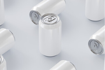 Template of tin can, drink, on white background isolated 3d rendering, cylindrical container for presentation of design and pattern. Mockup blank silver bottle soda or juice
