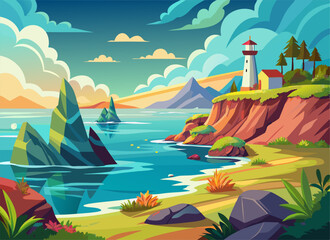 beach and mountain illustrations, sea ​​and sailboat