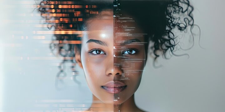 deepfake concept with young woman and digital overlay 
