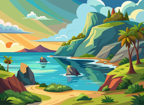 beach and mountain illustrations, sea ​​and sailboat