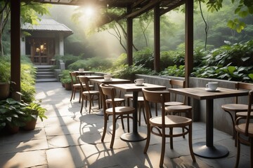 Beachside restaurant with chairs and tables on a terrace, perfect for relaxing summer vacation by the ocean