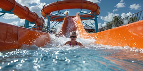 older woman rolls down a slide in a water park 