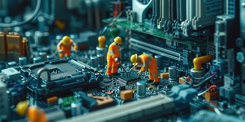 Engineers in construction hard hats fixing computer motherboard and components