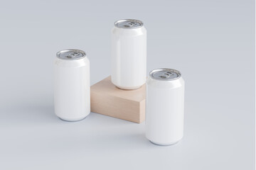 Soda can on wooden block white background isolated 3d rendering for presentation display minimalist elegant mockup and product showcase
