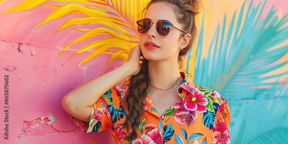 Wall mural woman model wearing colorful shirt, fashionable shirt, vibrant and bright background