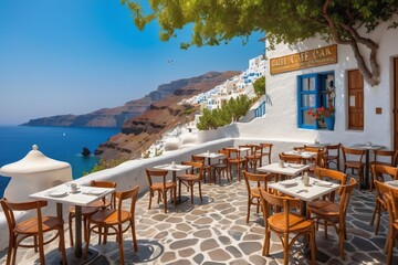 Fototapeta premium Beachside restaurant with chairs and tables on a terrace, perfect for relaxing summer vacation by the ocean