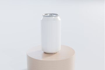 Soda can on cylinder wooden stand podium white background isolated 3d rendering for mockup presentation minimalist display and product showcase