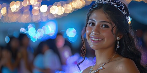 enchanting photo of a beautiful and happy and smiley at her quinceanera 