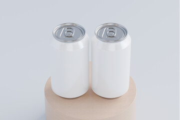 Soda can on cylinder wooden stand podium white background isolated 3d rendering for mockup presentation minimalist display and product showcase