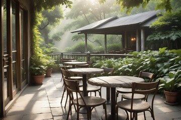 Beachside restaurant with chairs and tables on a terrace, perfect for relaxing summer vacation by the ocean