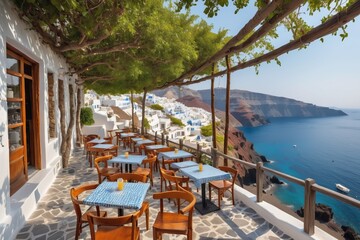 Beachside restaurant with chairs and tables on a terrace, perfect for relaxing summer vacation by the ocean