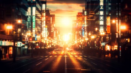 Fototapeta premium Illuminated city street during twilight with vibrant lights and urban architecture, creating a dynamic and captivating scene.