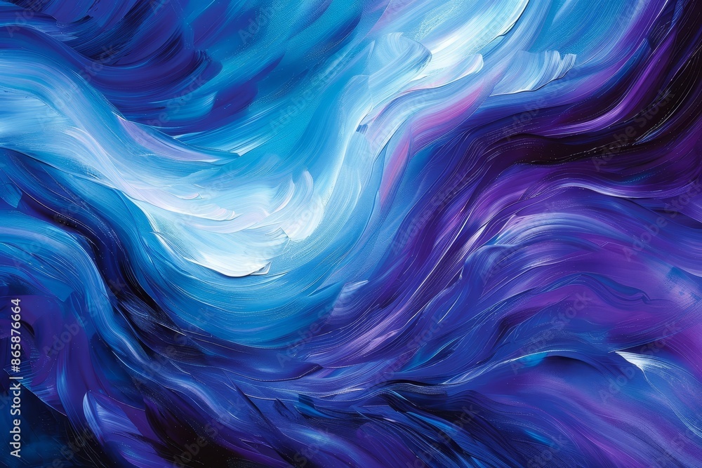 Poster a fluid wave of blues and purples cascading across the canvas, capturing the essence of movement and