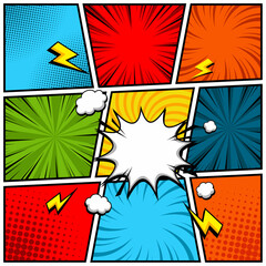 Comic book page template colorful frame divided by lines with rays, radial, halftone and dotted effects in pop art style. Vector illustration